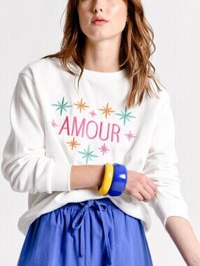 Molly Bracken White 'Amour' Crewneck Sweatshirt with Pastel Star Motif
